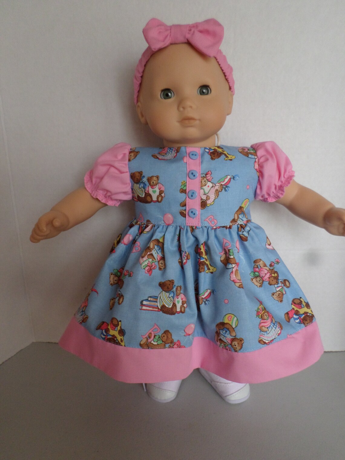 Pink and Blue Teddy Bear Dress Bloomers and Headband Fits 15 Etsy