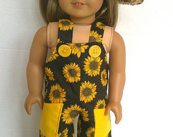 Fits like American doll clothes, 18 inch doll clothing, Fall  sunflower overalls, tee, and straw hat