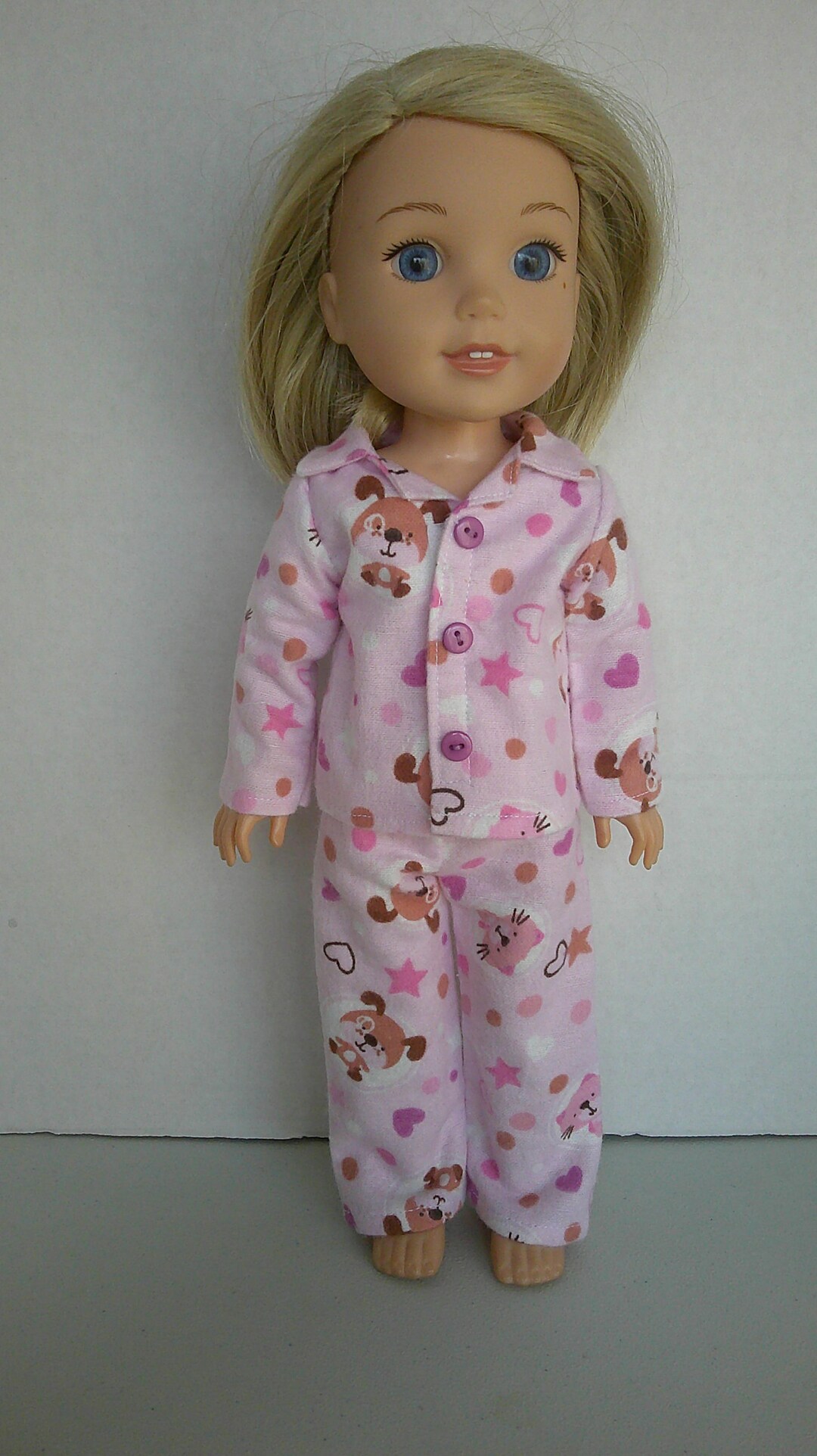 14 Inch Doll Clothes, Pink Kitty and Puppy Flannel Pajamas/ Jammies
