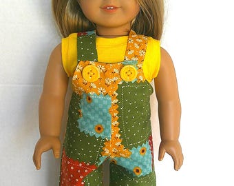 Fits like American doll clothes, 18 inch doll clothing, patchwork overalls and tee.