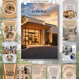 Puede incluir: Un conjunto de plantillas digitales titulado SYVERO que incluye 19 páginas editables para el Hospital Veterinario Lumora. El diseño presenta una imagen central de un edificio moderno al atardecer, rodeada de paneles con escenas clínicas.