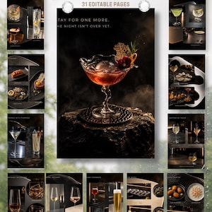 Pode incluir: Um modelo digital intitulado SYVERO com 31 páginas editáveis apresentando fotografias de alta qualidade de coquetéis, aperitivos e copos. A imagem central exibe um coquetel vermelho em uma taça com uma esfera de gelo e guarnição.