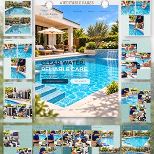 May include: A digital template for a pool service website featuring 41 editable pages. The design displays a swimming pool, maintenance equipment, and service personnel. Text includes SYVERO, 41 EDITABLE PAGES, BLUEHAVEN POOL SERVICES, and CLEAR WATER. RELIABLE CARE.