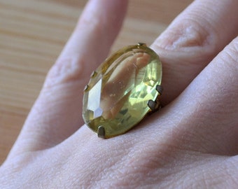 Bold antique art deco gothic gold tone ring with citrine yellow color gem / antique art deco cocktail ring / VBHSIA