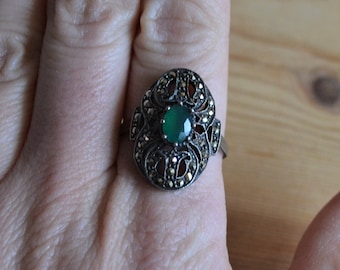 Pretty antique art deco sterling silver cocktail ring with marcasite and chrysoprase / antique art deco sterling silver ring / MCBBYB