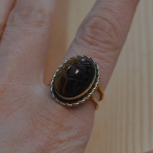 Gorgeous antique art deco gold filled adjustable ring with tiger's eye scarab / antique art deco egyptian revival scarab ring / KSMNFV