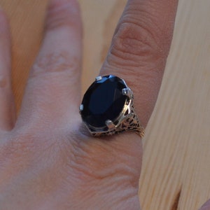 Beautiful antique art deco style sterling silver edwardian art deco filigree engagement ring with sapphire blue paste gem / EEMNSA