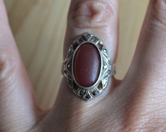 Pretty antique edwardian art deco sterling silver red carnelian color glass ring with marcasites / art deco sterling silver ring / MYVMXX