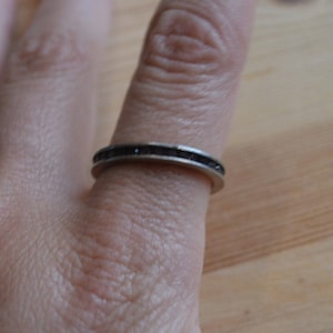 May include: A silver ring with a thin band of black stones.
