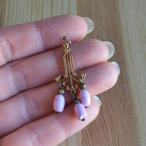 Lovely antique edwardian art deco gold gilt lavalier pendant with pink art glass gems / antique pink paste lavalier / BVCXXS