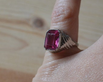 Pretty antique art deco rhodium plate sterling silver ring with pink paste gem / art deco martelli designer ring / NHGDUU