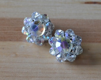 Pretty vinage retro AB rhinestone bead silver earrings / retro vintage aurora borealis clip earrings / JDSAAA