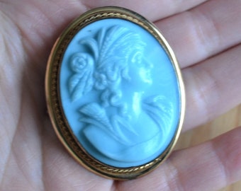 Destash lot antique victorian revival turquoise blue glass cameo brooch with gold fill / gold filled blue milk glass cameo brooch / VOMVVV