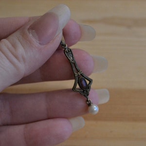 Lovely antique edwardian art deco gold tone lavalier pendant with garnet and pearl pastes / antique paste lavalier / MCFDGS