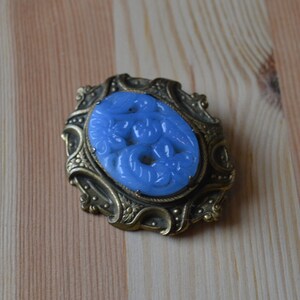 Elegant antique edwardian victorian revival gold tone brooch with blue floral peking glass gem / antique victorian style brooch / DNNAJF