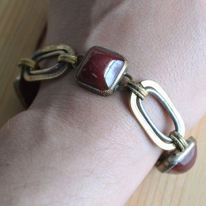 Beautiful antique art deco gold tone filigree bracelet with carnelian color glass / art deco red gold statement bracelet / NVYYAA