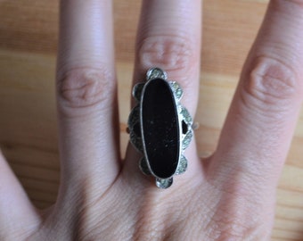 Pretty antique edwardian art deco sterling silver black onyx paste ring with rhinestones / art deco sterling silver statement ring / LLBGFF