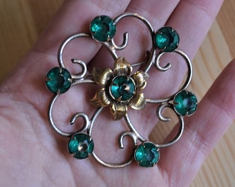 Pretty antique art deco gold over sterling silver emerald green paste flower brooch / antique art deco sterling flower brooch / NVBSJS