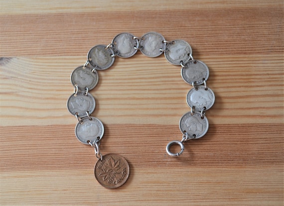 Unusual antique art deco WW2 silver three pence coin bracelet / antique art deco english silver coin bracelet / MOJBBN
