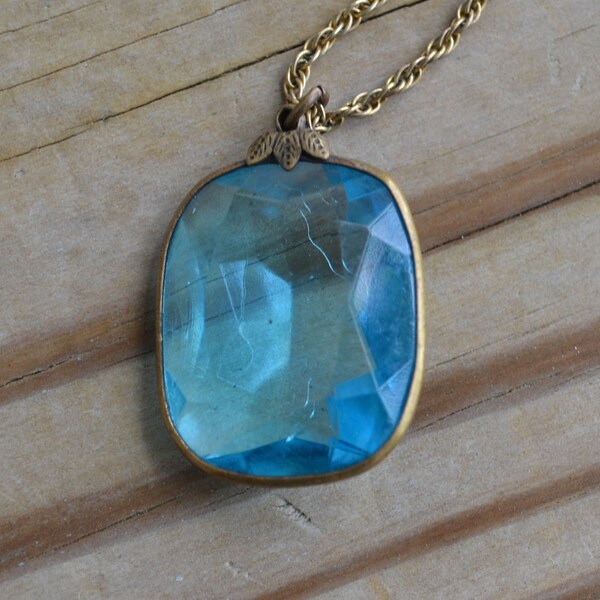 Amazing antique early art deco / late edwardian aquamarine blue glass solitaire pendant with brass bezel and gold filled chain / wedding