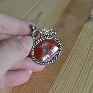 Lovely antique Victorian / Edwardian sterling silver & gold filled filigree watch fob pendant with carnelian roman warrior intaglio / HHNDFC