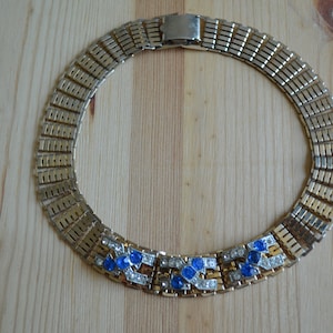 Pretty vintage art deco gold glam statement necklace with sapphire blue andwhite color rhinestones / vintage rhinestone necklace / IUBCGV