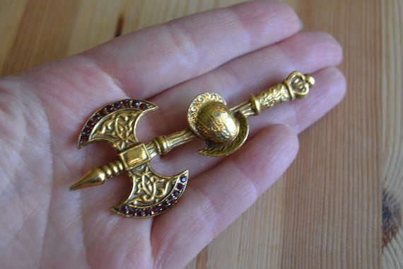 Beautiful antique renaissance revival midcentury gold tone red rhinestone battleaxe brooch signed Jeanne / vintage heraldic brooch / CSLLNN