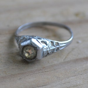 Beautiful antique rhodium plated silver edwardian art deco filigree engagement ring with diamond paste gem / valentine&#39;s