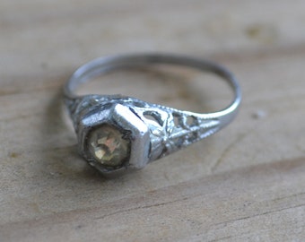 Beautiful antique rhodium plated silver edwardian art deco filigree engagement ring with diamond paste gem / valentine&#39;s