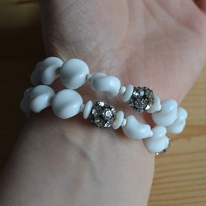 Amazing rare art deco white glass coil bracelet with rhinestones / antique art deco white czech glass rhinestone bracelet /PAJNNS