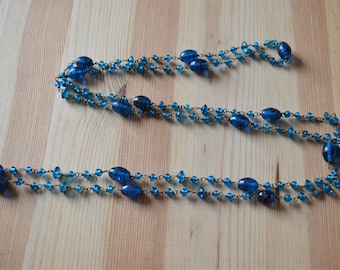 Amazing antique art deco long flapper blue striped venetian glass necklace with brass wire fittings / VKBMMM