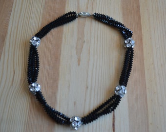 Beautiful antique art deco black and white necklace with rhinestones / cut glass rhinestone flapper necklace / UUNSFC