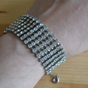 Nice antique style art deco midcentury silver tone rhinestone flapper bracelet / vintage wide rhinestone cuff bracelet / RRQBMM