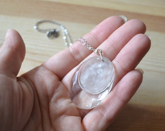 Unusual antique frosted glass style edwardian art deco clear molded glass flower rose pendant / MCFJSS