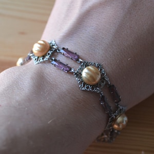 Beautiful antique silver filigree edwardian art deco bracelet with purple paste & faux pearl / antique art deco filigree bracelet / KBGLLO