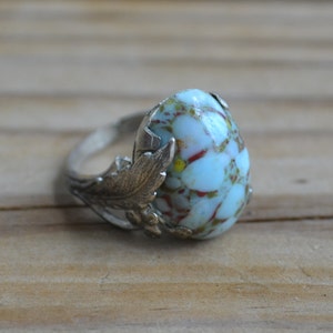 Beautiful antique late art deco silver tone cocktail ring with turquoise glass gem