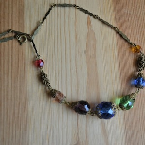 Nice antique art deco gold tone multicolor harlequin paste necklace / art deco flapper czech glass necklace / NFNMMS