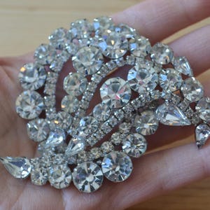 Beautiful antique art deco midcentury silver floral statement brooch with rhinestones / antique art deco rhinestone brooch / TTNCUC