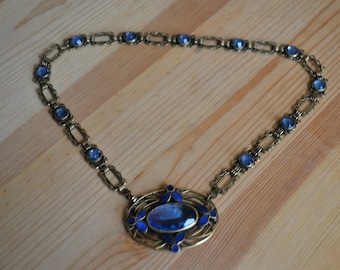 Lovely antique edwardian art deco gold tone filigree necklace with aquamarine blue paste and enamel / art deco gold necklace / CJFNFF