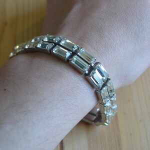 Nice antique style art deco midcentury silver tone rhinestone flapper bracelet / vintage rhinestone cuff bracelet / NFBHCC