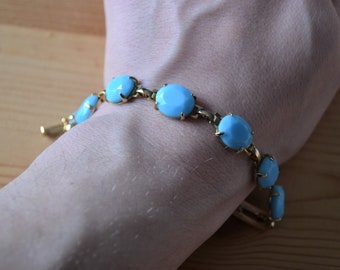 Beautiful antique art deco midcentury style gold tone bracelet with turquoise blue glass gems / vintage gold tone bracelet / JLCMCC