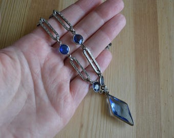 Lovely antique edwardian art deco silver tone filigree necklace with sapphire blue paste / art deco silver rhinestone necklace / EENNQL