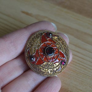 Cute vintage ancient Anglo Saxon style gold gilt sterling silver eagle brooch with garnet and enamel / antique viking brooch / MNLLKN