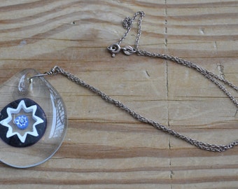 Beautiful vintage 70s handmade artisan glass floral teardrop eye pendant signed with sterling silver chain