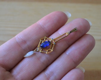 Lovely antique edwardian art deco gold gilt lavalier pendant with sapphire blue and pearl pastes / antique paste lavalier / KIGXCC