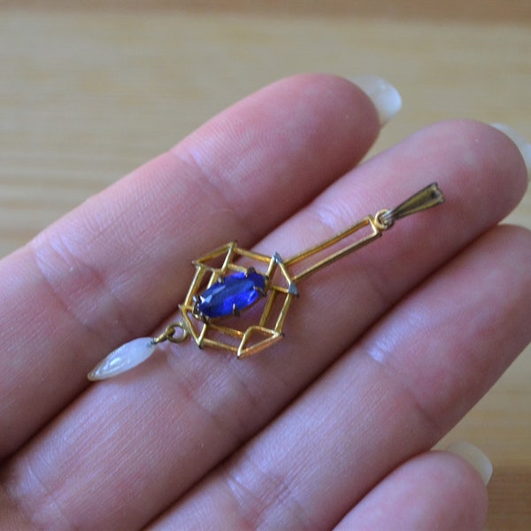 Lovely antique edwardian art deco gold gilt lavalier pendant with sapphire blue and pearl pastes / antique paste lavalier / KIGXCC