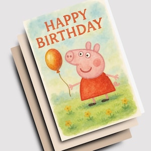 Cartão de aniversário de porco - Cartão de aniversário de desenho animado para imprimir - Cartão de aniversário inspirado na Peppa - Download instantâneo - festa de porco