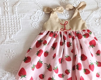 Strawberry Dress - baby girl gift - spring baby - pink - fruit theme - monogrammed knot dress - birthday dress