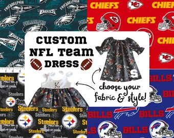 Football team dress, baby or big girls, NFL inspired, chiefs, eagles, football baby gift, birth announcement, bills steelers