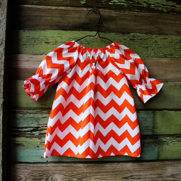 Orange Chevron smocked three quarter length long sleeve peasant dress, Halloween baby, coming home outfit, toddler, girls